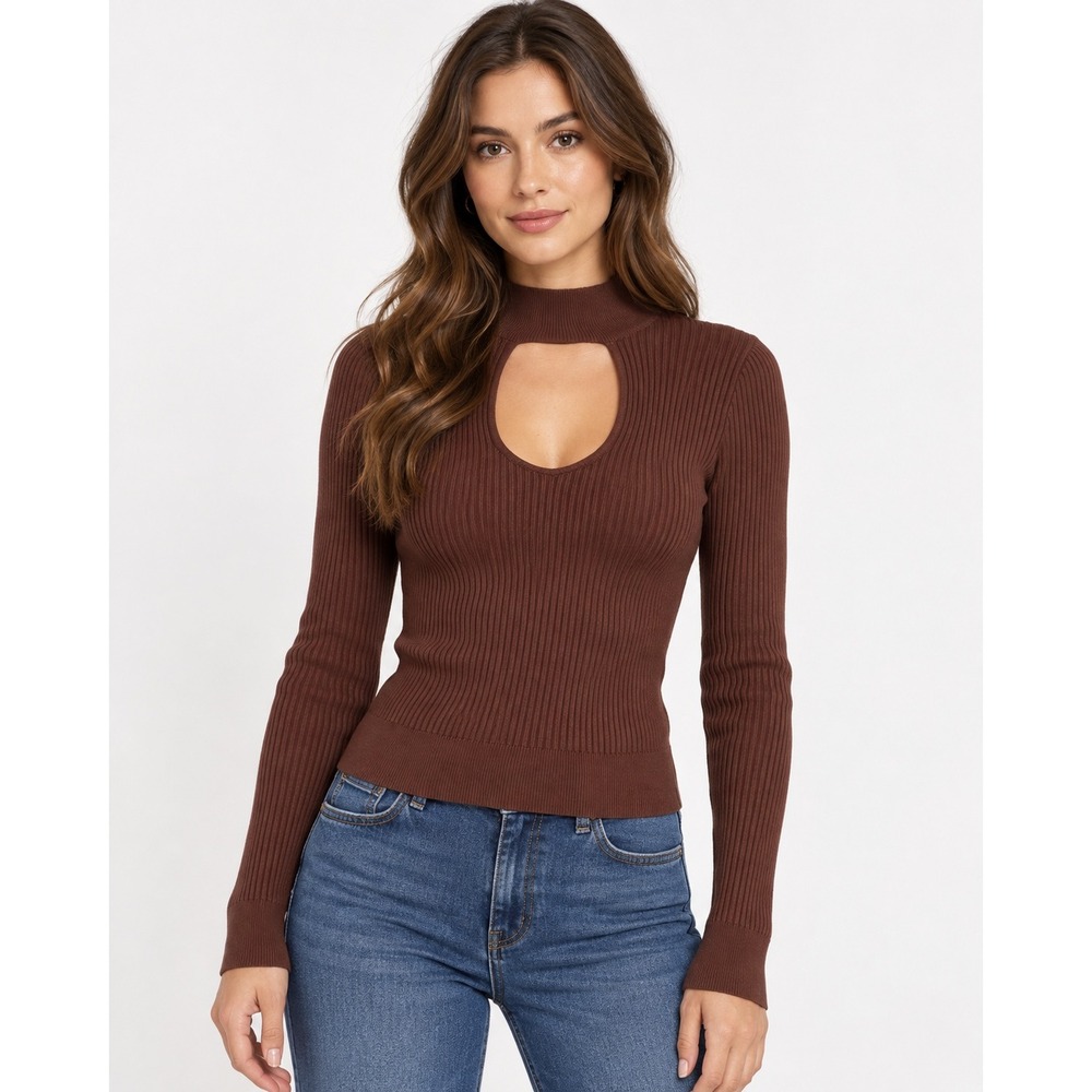 Abercrombie & Fitch Keyhole Cutout Top Womens Small Brown Ribbed Knit NWT